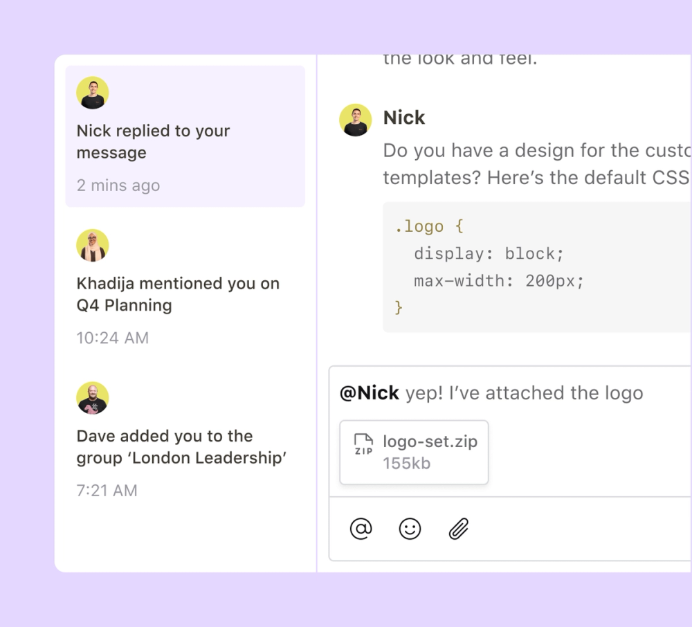 An in-app inbox shows three notifications on the left, alerting a particular user that they have been @mentioned, replied to, and added to a new group. On the right, a cropped conversation thread shows two people discussing the design for a logo. The latest response in the thread includes an attachment of the finished logo.