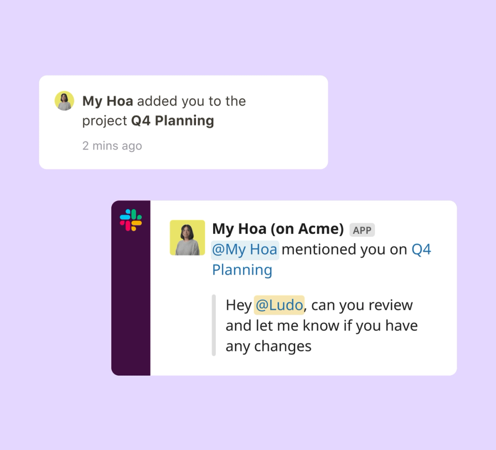 An in-app notification shows that one employee has added another to the project Q4 Planning. A Slack message shows one employee asking another for feedback. Avatars, @mentions, and timestamps make the interaction richer.